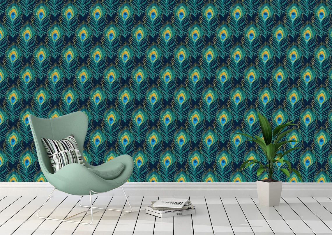 Peacock Feather Walpaper / Home Decal / Peel and Stick / | Etsy