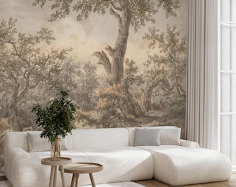 Forest Landscape Wall Mural, Vintage Scenic Tree Peel and Stick Wallpaper