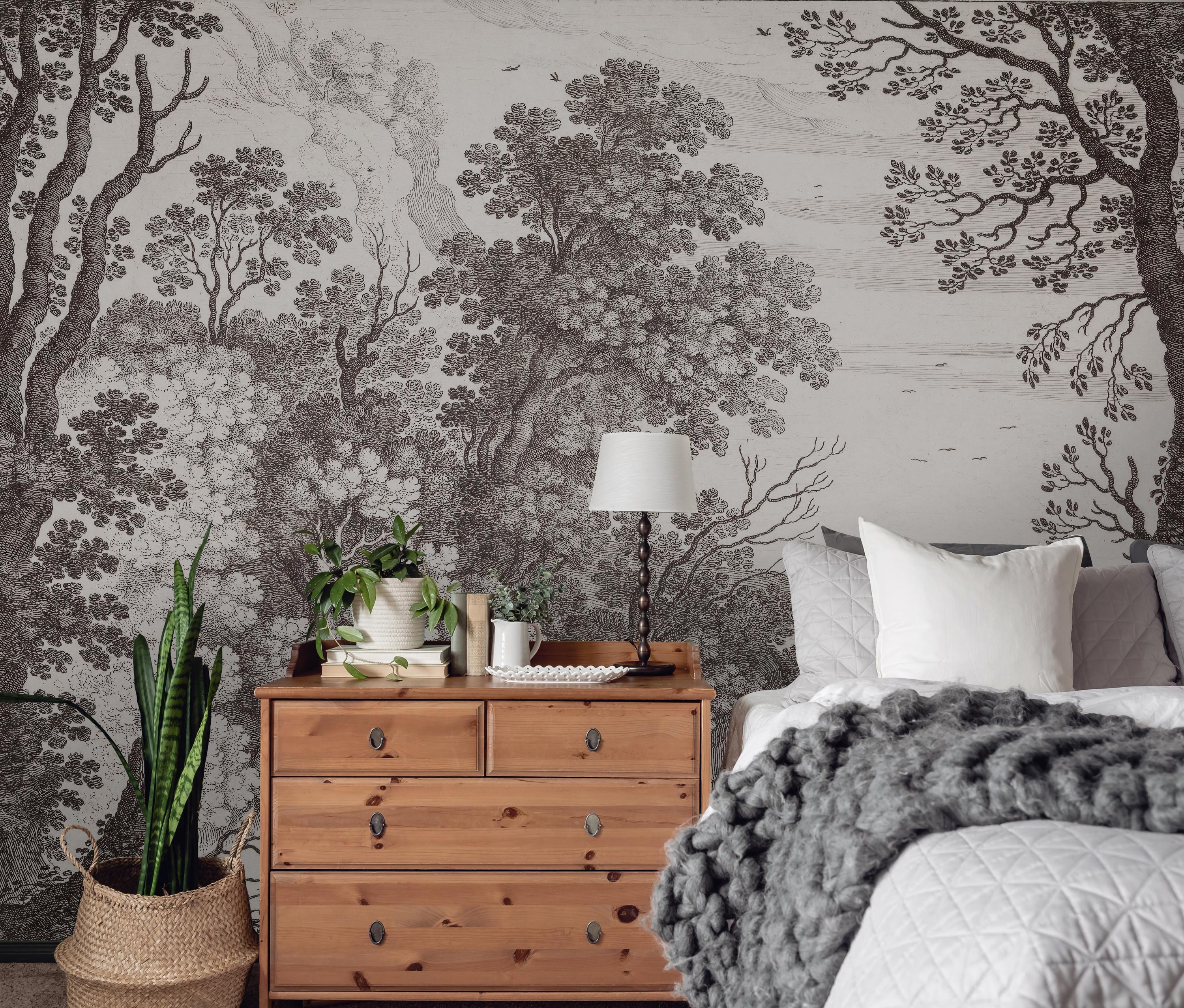 Rustic Landscape Wall Mural, Vintage Panoramic Peel and Stick Wallpaper ...