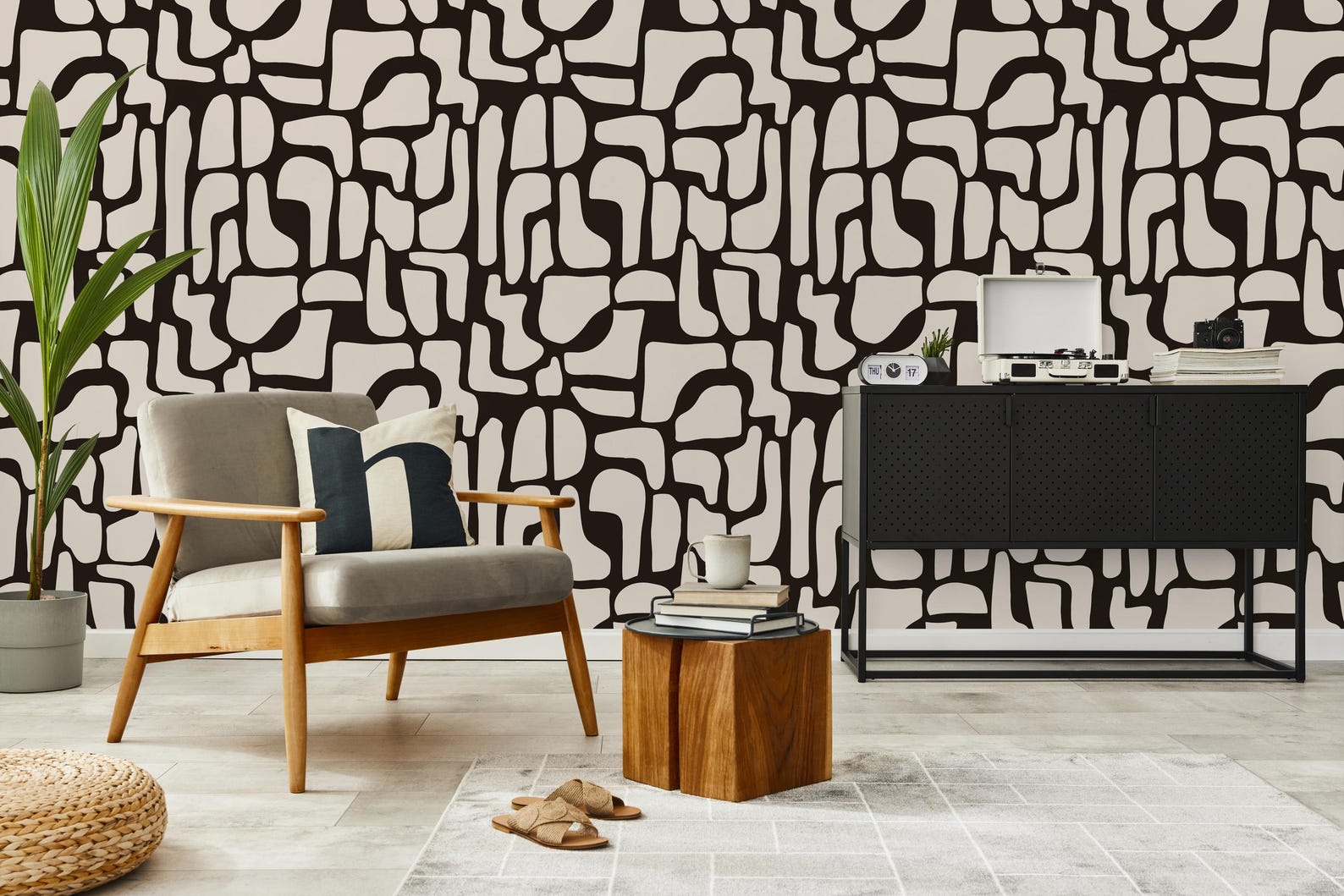 Abstract Black and Beige Wallpaper Modern Organic Shapes Mid Century