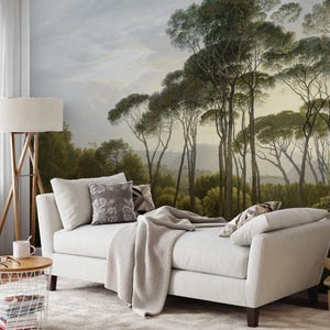 Vintage Italian Landscape Wall Mural, Peel and Stick Umbrella Pine Forest Wallpaper, Removable Traditional Art-Inspired Décor