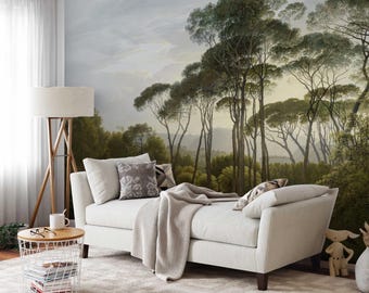 Vintage Italian Landscape Mural: Peel and Stick Pine Forest Wallpaper