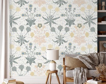 Pastel Botanical Wallpaper, Green Leaf Peel and Stick Wall Mural, Nursery Nature Decor
