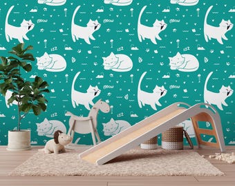Custom Color Cat Wallpaper, Cute Animal Nursery Peel and Stick Wall Mural