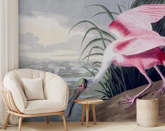 Roseate Spoonbill Wall Mural, Vintage Bird Peel and Stick Wallpaper