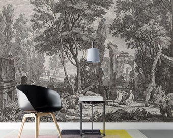 Black and White Vintage Wallpaper | Vintage Landscape Wallpaper | Self Adhesive Wallpaper | Removable Wallpaper | Peel and Stick Wall Mural