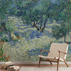 Olivengarten von Vincent van Gogh Peel and Stick-Tapete, Baumwandbild, Vintage-Szenisches Design, selbstklebende entfernbare Tapete für Dekor
