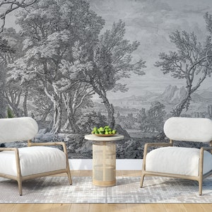 Chinoiserie Gray Scenic Panoramic Wallpaper / Ruins Landscape Wallpaper / Peel and Stick / Removable /Self Adhesive / Vintage Wallpaper