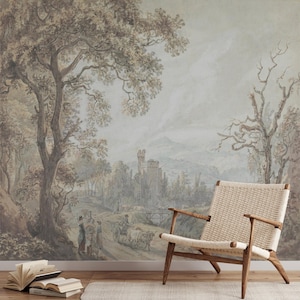 Rustic Vintage Castle Landscape Wallpaper, Panoramic Tree Mural Peel and Stick