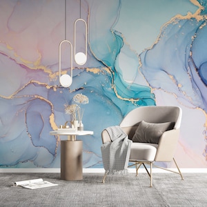 Blue and Pink Wallpaper | Golden Line Wall Mural | Marble Wallpaper | Self Adhesive wallpaper |Removable Wallpaper |Peel and Stick Wallpaper