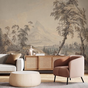 Vintage Panoramic Wallpaper, Scenic Tree Forest Landscape Peel and Stick Mural