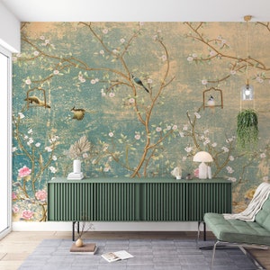 Chinoiserie Wallpaper | Birds Wallpaper | Tree Wallpaper | Removable Wallpaper | Peel and Stick Wallpaper | Self Adhesive wallpaper