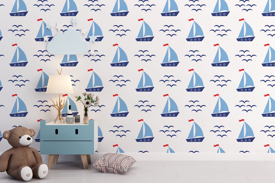 Blue Nursery Wallpaper / Childroom Ship Wallpaper / Sea Etsy