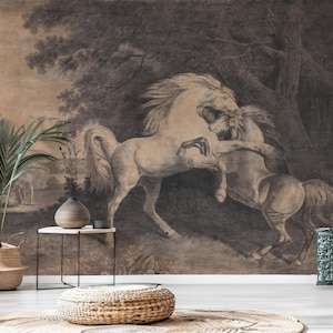 Vintage George Stubbs &#39;Horses Fighting&#39; Mural - Peel and Stick Wallpaper