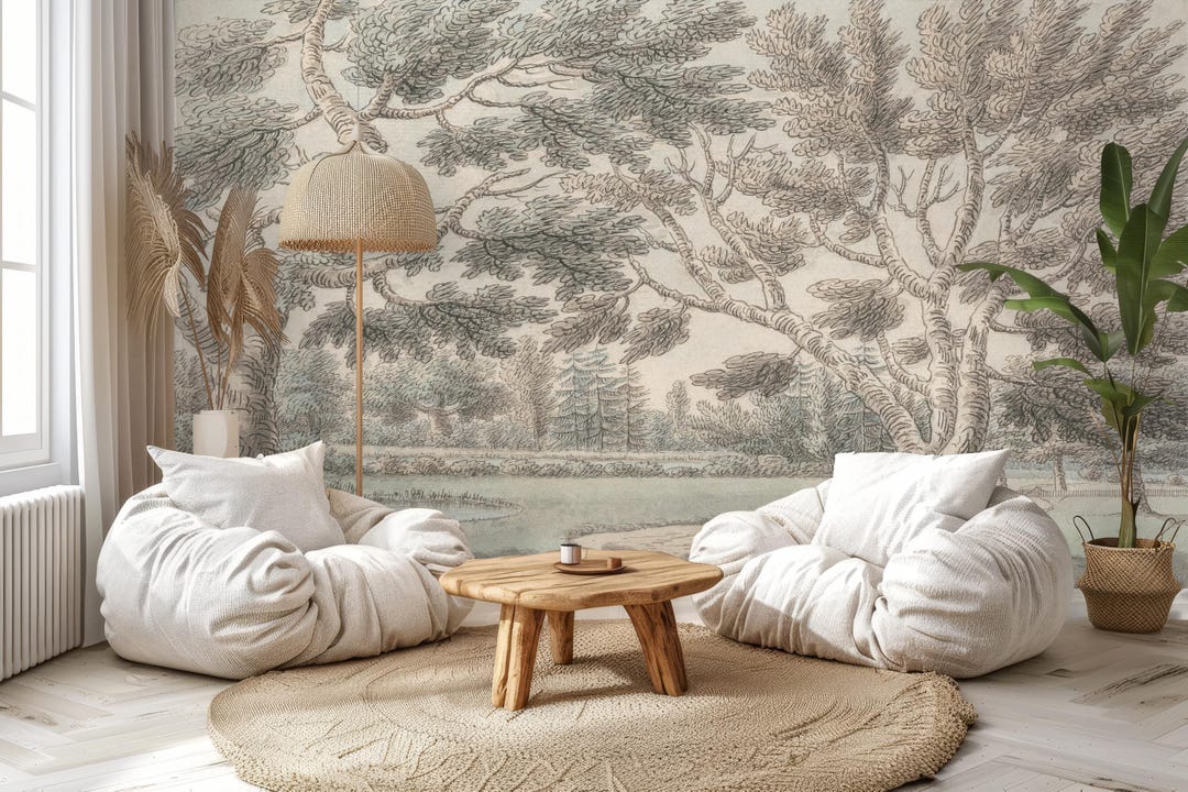 Tree Panoramic Wallpaper, Soft Vintage Landscape Rustic Peel and Stick ...