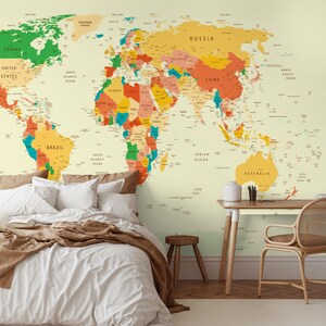 Orange Tones World Map Peel and Stick Wallpaper, Colorful Removable Wall Mural for Office or Living Room, Self-Adhesive Modern Mural