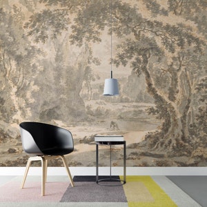 Vintage Scenic Wallpaper / Vintage Wallpaper / Beige Landscape Panoramic Wallpaper / Peel and Stick Wallpaper / Self Adhesive Wall Mural