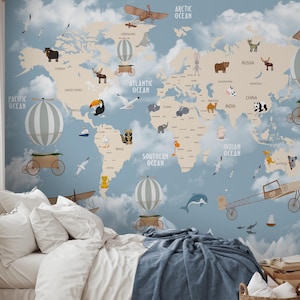 Weltkarte Tapete des blauen Himmels zum Abziehen und Aufkleben, Lernwandbild für Kinderzimmer, Geographie-Kinderzimmer-Wandkunst, Lernwandbild für Kinder