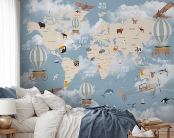 Papel pintado con mapa del mundo y cielo azul: decoración infantil autoadhesiva.