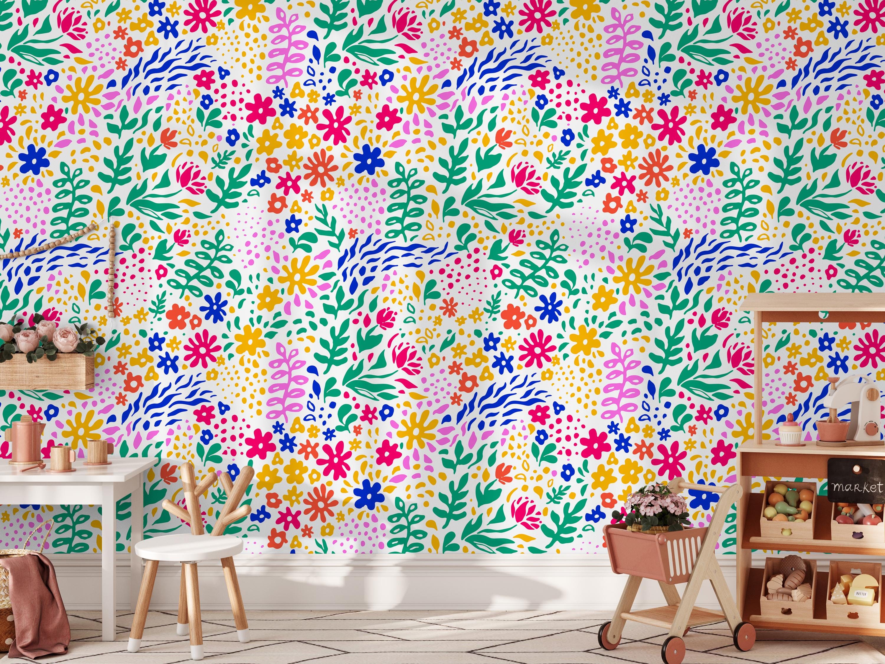 Colorful Floral Wallpaper, Hand Drawn Boho Flower Peel and Stick Wall ...