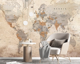 Beige World Map Peel and Stick Wallpaper: Neutral Travel Decor