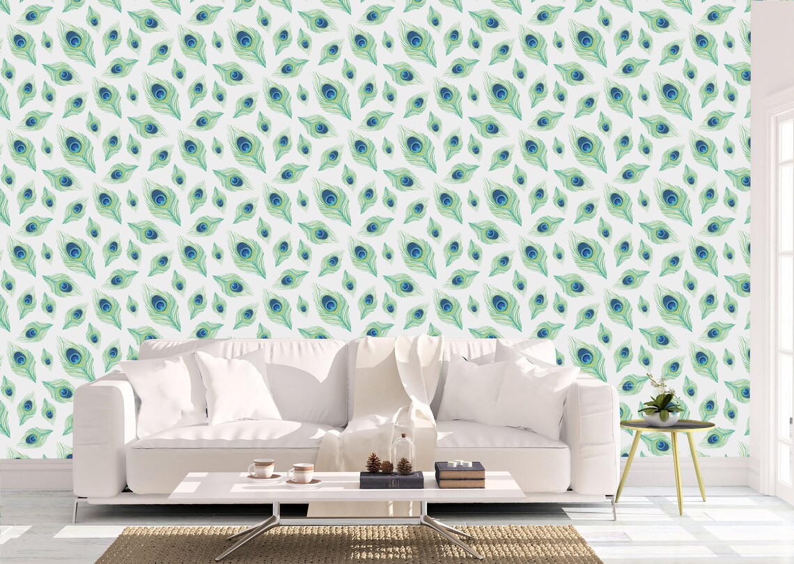 Peacock Feather Wallpaper / Home Decal / Peel and Stick / | Etsy