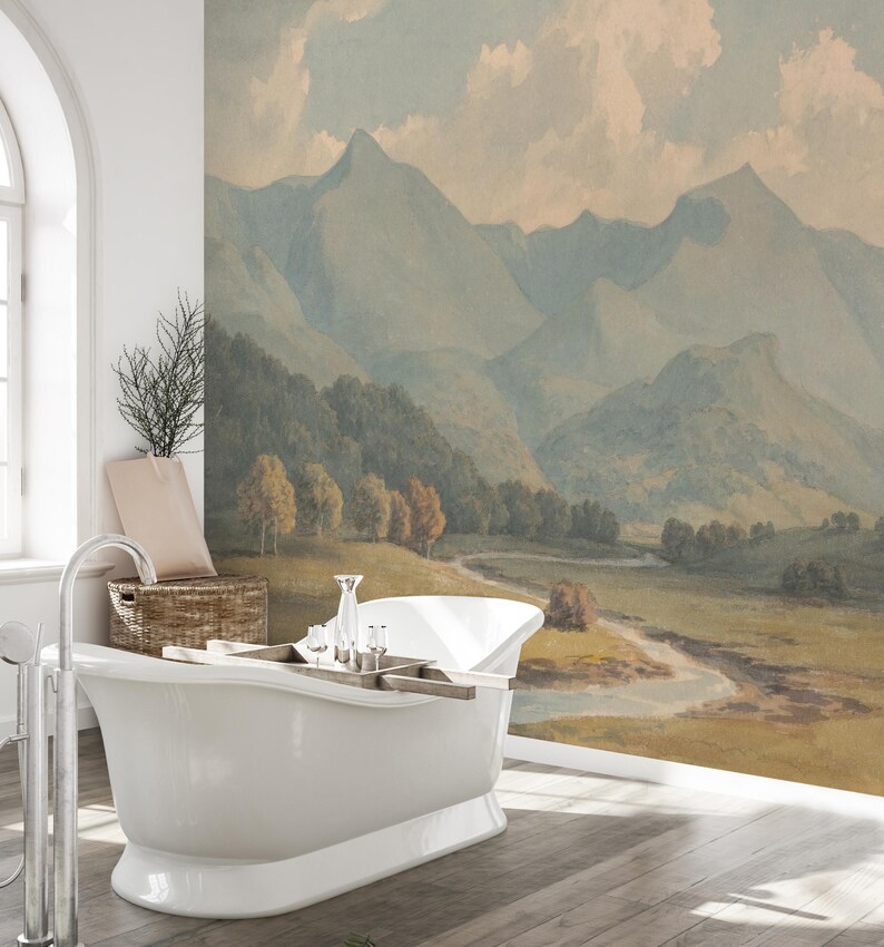 Vintage Mountain Mural Wallpaper: Peel and Stick Scenic Wall Art - Etsy