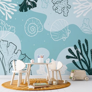 Ocean Wallpaper, Underwater Peel & Stick Sea Life Mural, Calm Blue Nursery Wallpaper for Baby or Kids Room, Removable Wallpaper