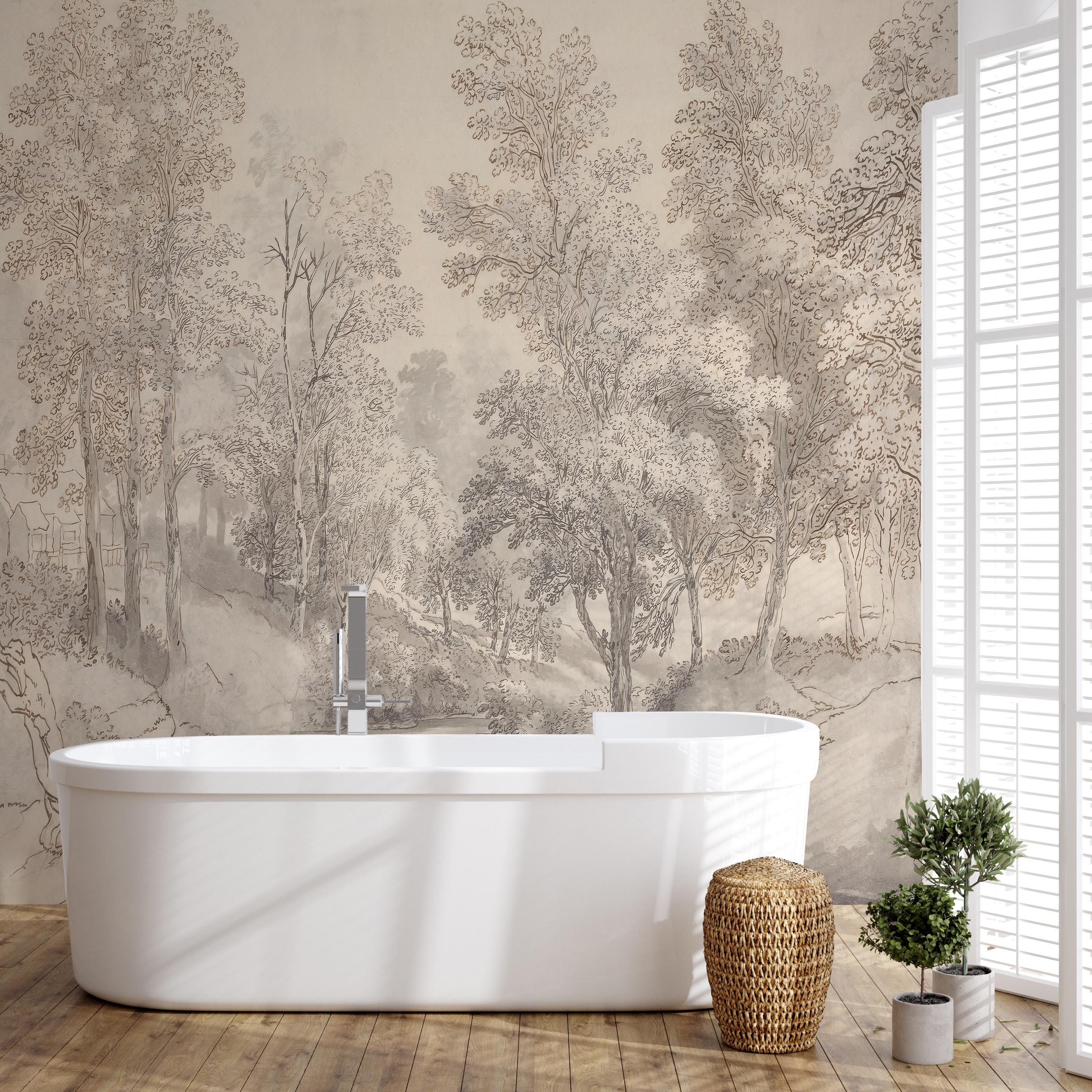 ヴィンテージ風景壁紙、ソフトトーンの木の壁画、剥がして貼る壁画