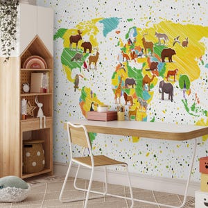 Niedliche Tapete der Tierwelt zum Abziehen und Aufkleben, Terrazzo Wandbild für Kinderzimmer oder Kinderzimmer, Lernwandbild