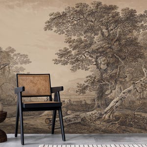 Rustikale Tapete, Sepia-farbenes Landschaftswandbild mit Vintage Forest Tree Design, Panorama-Wandbild zum Schälen und Aufkleben für zeitlosen Charme