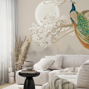 Chinoiserie Pfau und Baumschale und Stick-Tapete, entfernbares Wandbild für Kinderzimmer oder Schlafzimmer, elegantes selbstklebendes klassisches Wandbild