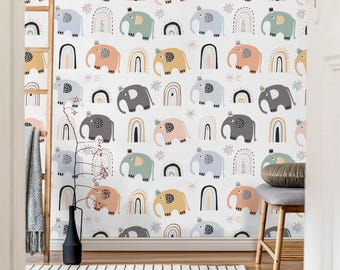 Elephant Rainbow Wallpaper, Jungle Animal Peel and Stick Wall Mural