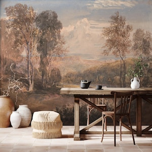 Earth Tone Landscape Wallpaper, Vintage Rural Tree Wall Mural, Peel and Stick
