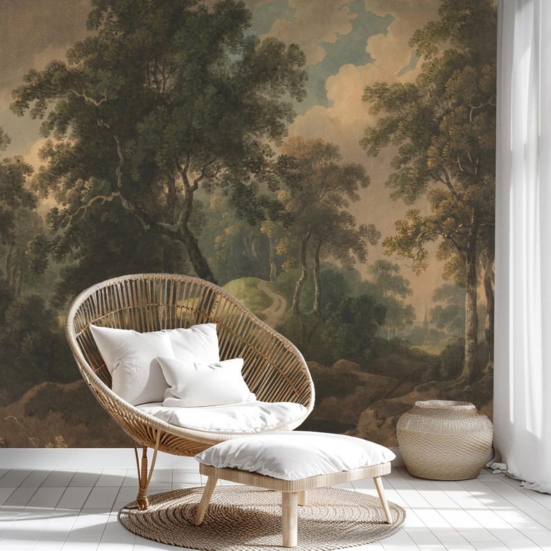 Dark Forest Wall Mural, Vintage Landscape Peel and Stick Wallpaper - Etsy