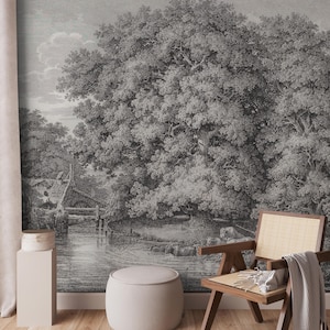 Gray Vintage Forest Wallpaper, Peel & Stick Rural Landscape Wall Mural with Trees, Soft Elegant Wallpaper for Warm Bedroom or Living Room