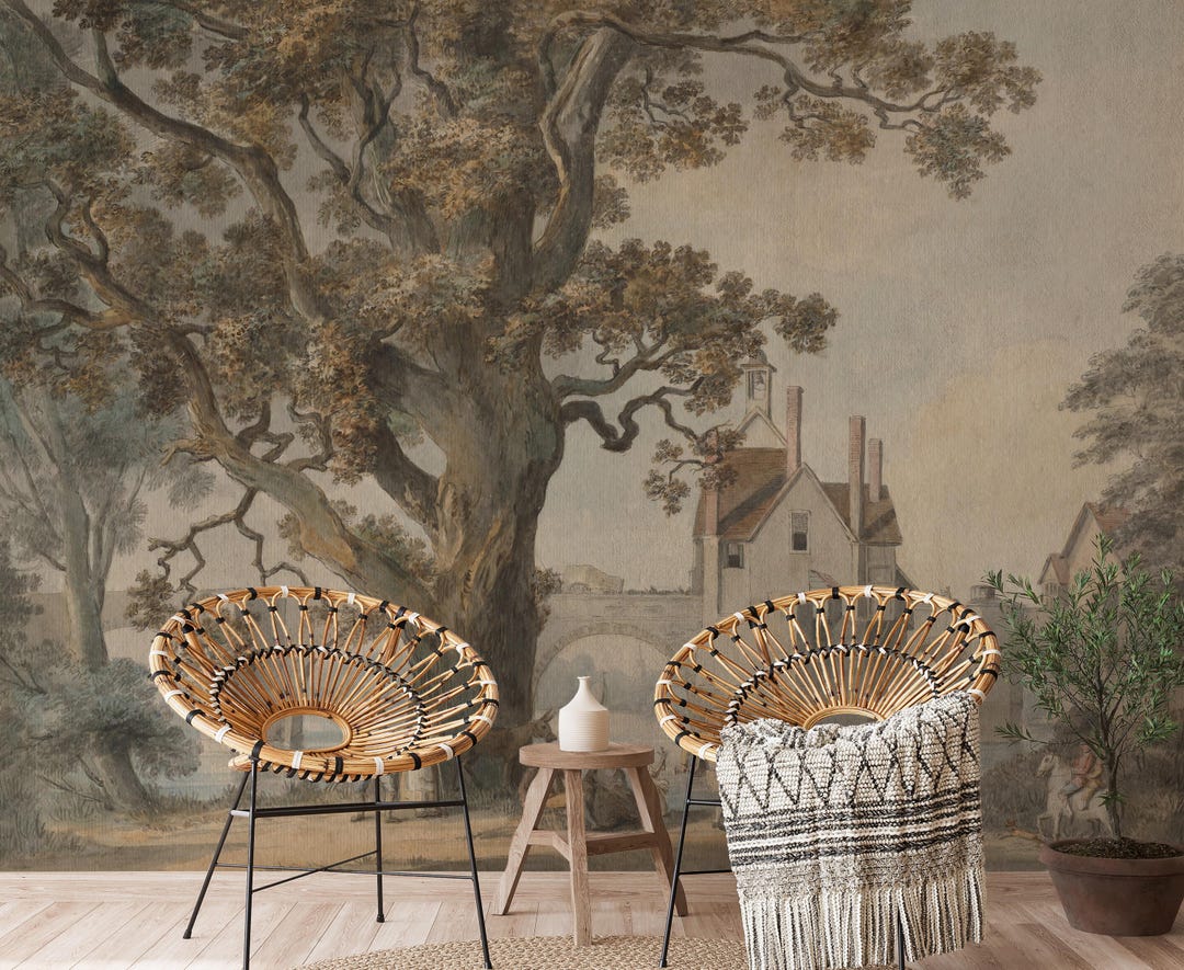 Vintage Bridge & River Mural, Scenic Nature Wallpaper, Peel and Stick ...