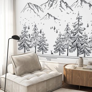 Line Art Forest Mountain Wallpaper: Neutral Peel and Stick Wall Mural