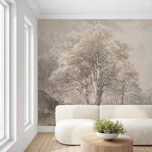 Vintage Soft-Tone Forest Wallpaper, Scenic Tree Landscape Peel and Stick Mural