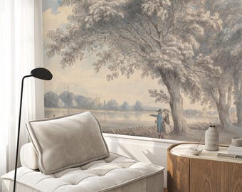 Tree Landscape Wall Mural, Vintage Blue Sky Lake Peel and Stick Wallpaper