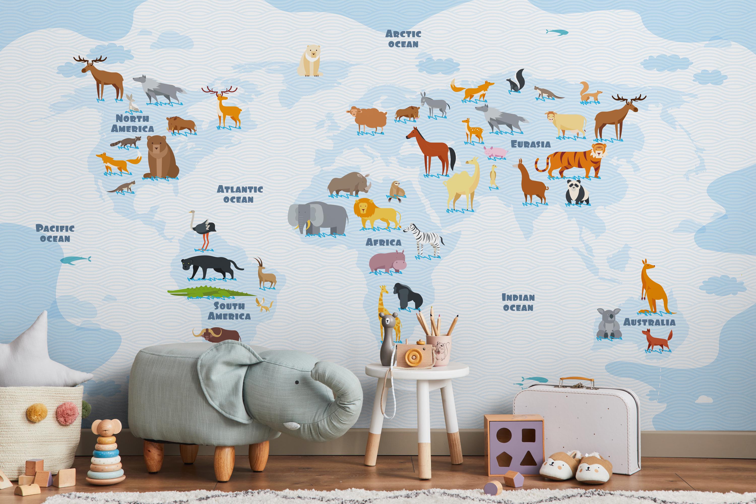 Kids Animal World Map Wallpaper: Blue Peel and Stick Mural - Etsy