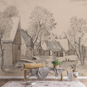 Sepia Village Landscape Wallpaper Mural: Vintage Peel and Stick Wall Art