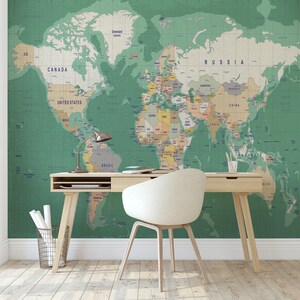 Green World Map Peel and Stick Wallpaper, Modern Office Wall Mural with Subtle Travel Vibes, Minimal Map Wall Art, Calm Geography Mural