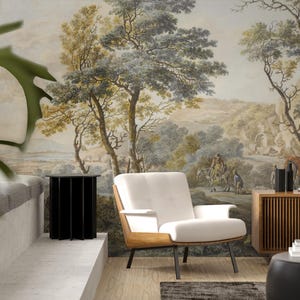 Green Tree Landscape Mural, Peel and Stick Vintage Nature Wallpaper, Removable Rustic Wall Art for Farmhouse or Traditional Interiors