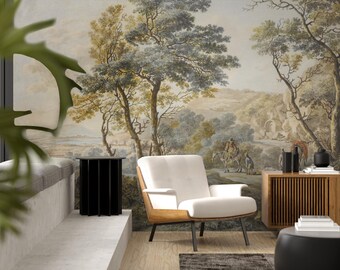 Green Tree Wall Mural, Vintage Landscape Peel and Stick Wallpaper