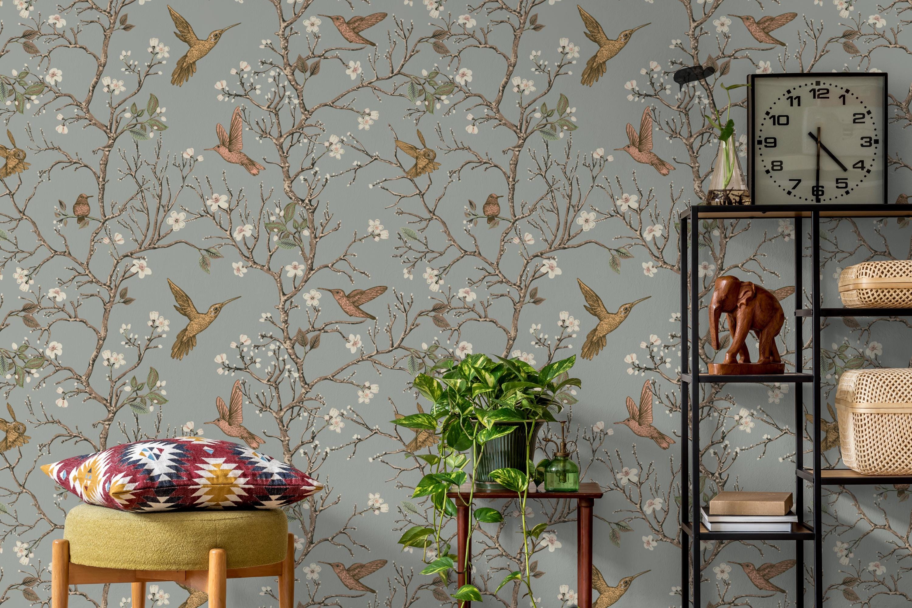 Chinoiserie Birds Nursery Wallpaper: Dark Elegant Nature Design - Etsy