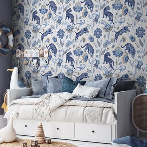 Jungle Blue Tiger Peel and Stick Wallpaper, Safari Wandbild für Jungenzimmer oder Kinderzimmer, mutiges buntes entfernbares selbstklebendes Kinderwandbild