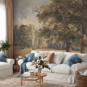 Vintage Tree Landscape Wallpaper, Peel and Stick Forest Mural, Scenic Removable Wall Art, Rustic Nature-Inspired Living Room Wall Mural