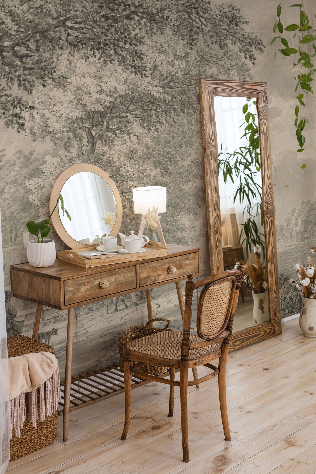 Landscape Vintage Wallpaper Beige Living Room Wallpaper Removable