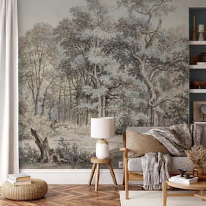 Vintage Scenic Forest Wallpaper Mural with Trees, Traditional or Peel and Stick Landscape Wall Art for Living Room or Bedroom Decor